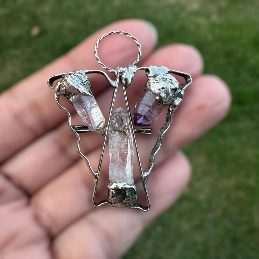 VTG Artisan Brooch Pin‎ Pendant 2 Inch Angel Halo Quartz Crystal Sterling 12.1g